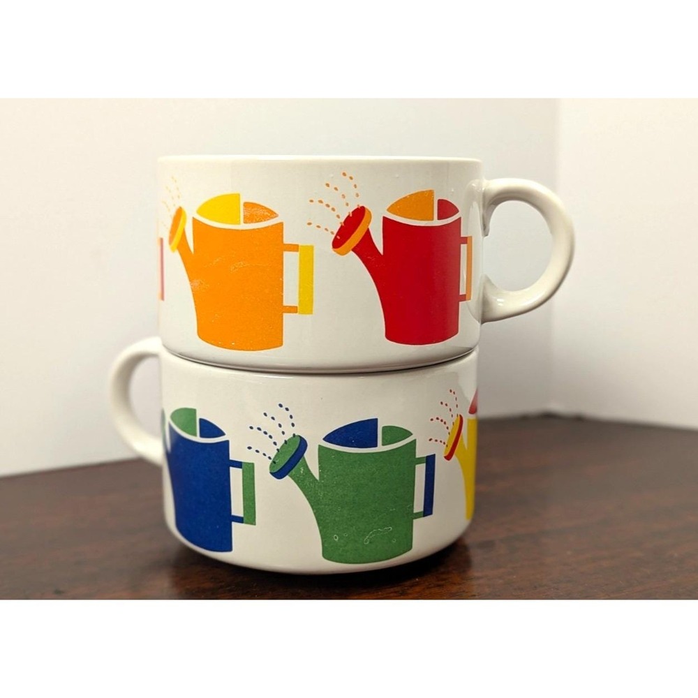 Vintage Retro Watering Can Soup Mugs Set of 2 Colorful Ceramic Coffee Tea Cups